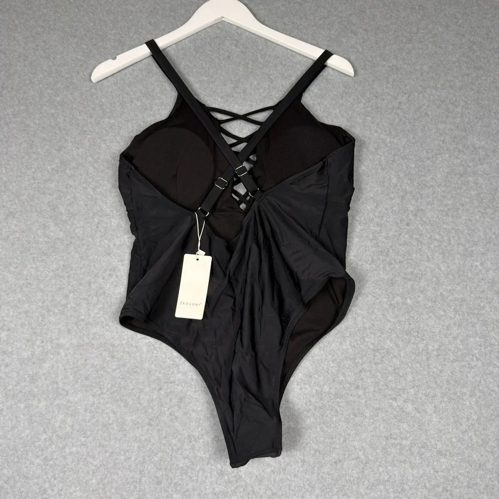NWT Ekouaer Womens One Piece Swimsuit Black Lace Up V Neck Monokini XL Beach